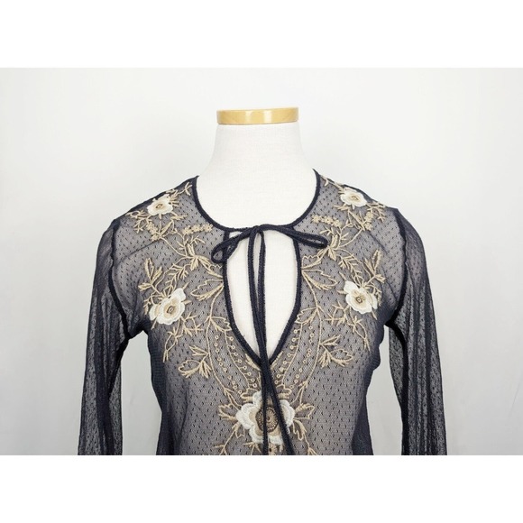 Biya Johnny Was Top Blue Floral Embroidered Mesh Nylon Sheer Misses Size S Flaws - Picture 2 of 9